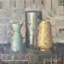 Still Life with Green Tokkuri, Metal Tea Can, and Yellow Vase. Oil on Canvas. 12" x 12". SOLD