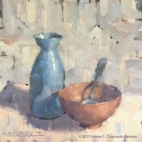 Still Life with Blue Tokkuri, Red Bowl, & Spoon. Oil on Canvas. 12" x 12". SOLD