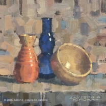 Still Life with Red Tokkuri, Blue Glass Bottle, & Tan Bowl. Oil on Canvas. 12" x 12". SOLD