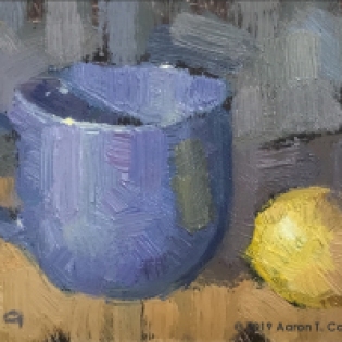 Still Life with Blue Mug & Lemon. Oil on Paper. 4" x 6". SOLD