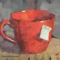 Still Life with Red Mug & Tea Bag Tag. Oil on Paper. 4" x 6". SOLD