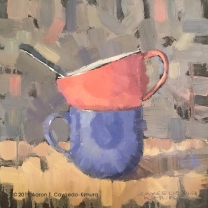 Still Life with Spoon, Pink Cup, & Blue Mug. Oil on Canvas. 12" x 12". SOLD