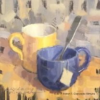 Still Life with Yellow Mug, Blue Mug, Spoon, & Tea Bag Tag. Oil on Canvas. 10" x 10".