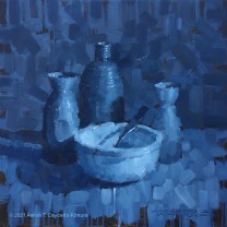 Still Life with Three Tokkuri, Bowl, & Spoon. Oil on Canvas. 18" x 18".